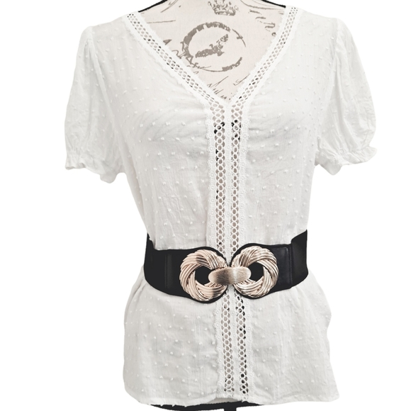 Corset Black wide waist elastic stretch belt metal gold swirls buckle - Picture 4 of 11